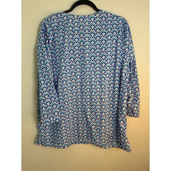 Talbots Woman Crochet Neck Tunic Top 3/4  Long Sleeve Blue White  Beachy size L - Picture 3 of 8